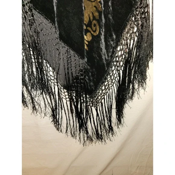Michelann Original Whimsigoth Shawl Black Gold Burnout Velvet  Fringed Vintage - Picture 2 of 11